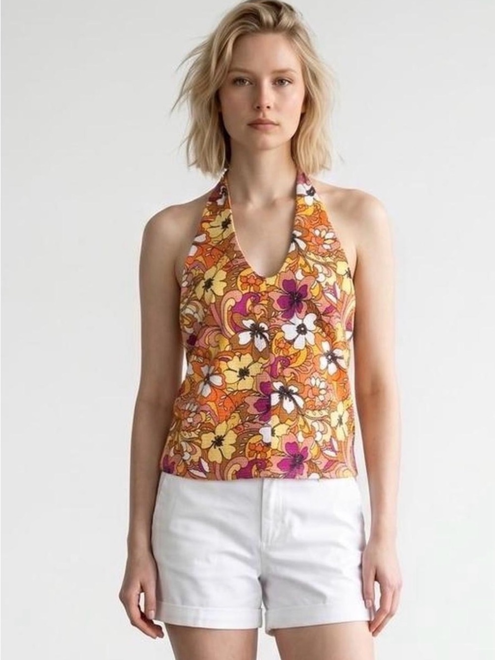 NWOT SO Women’s Vibrant 70s-Inspired Floral Print Halter Top